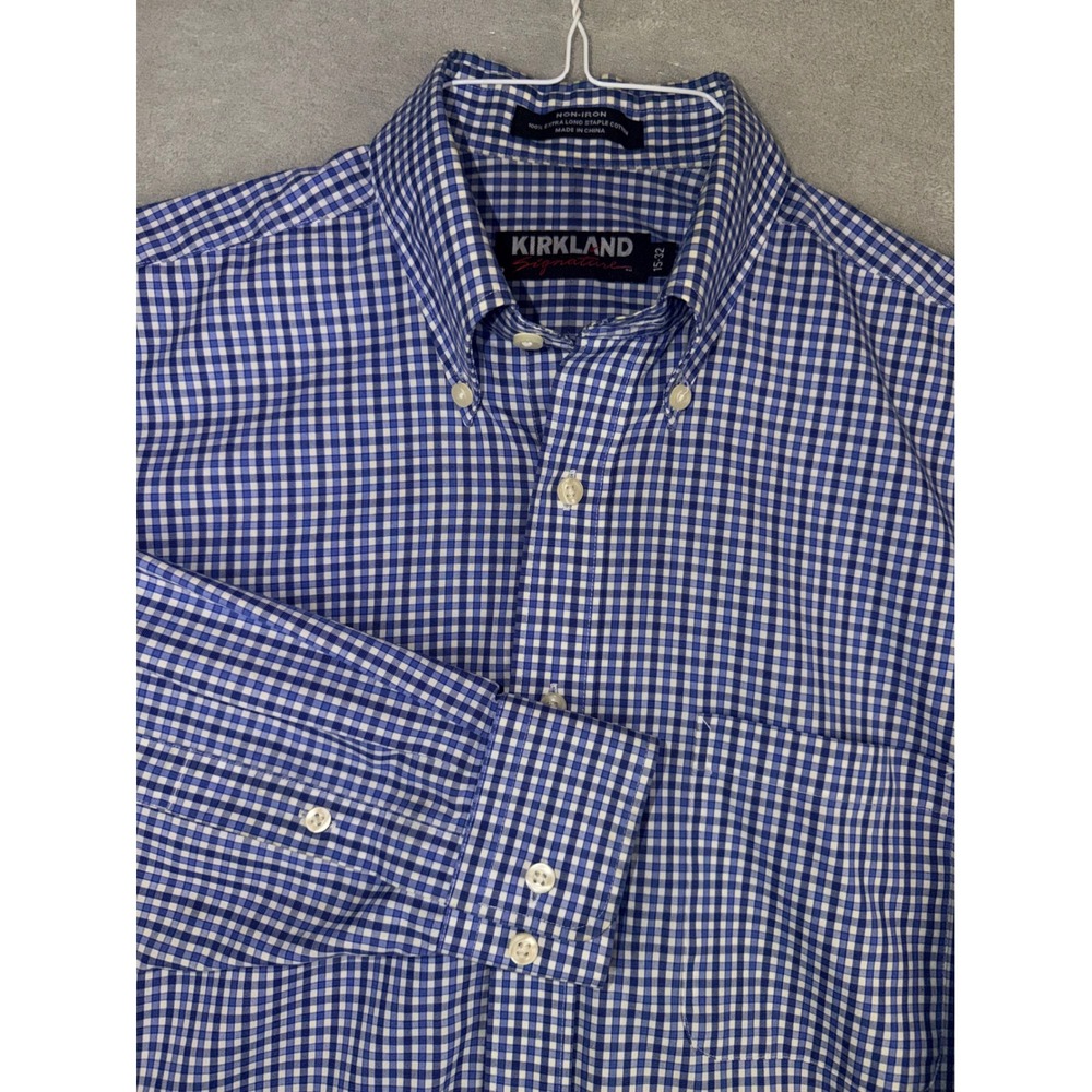 Kirkland Signature Mens 15X32 Blue Gingham Non-Iron Cotton Dress Shirt 1
